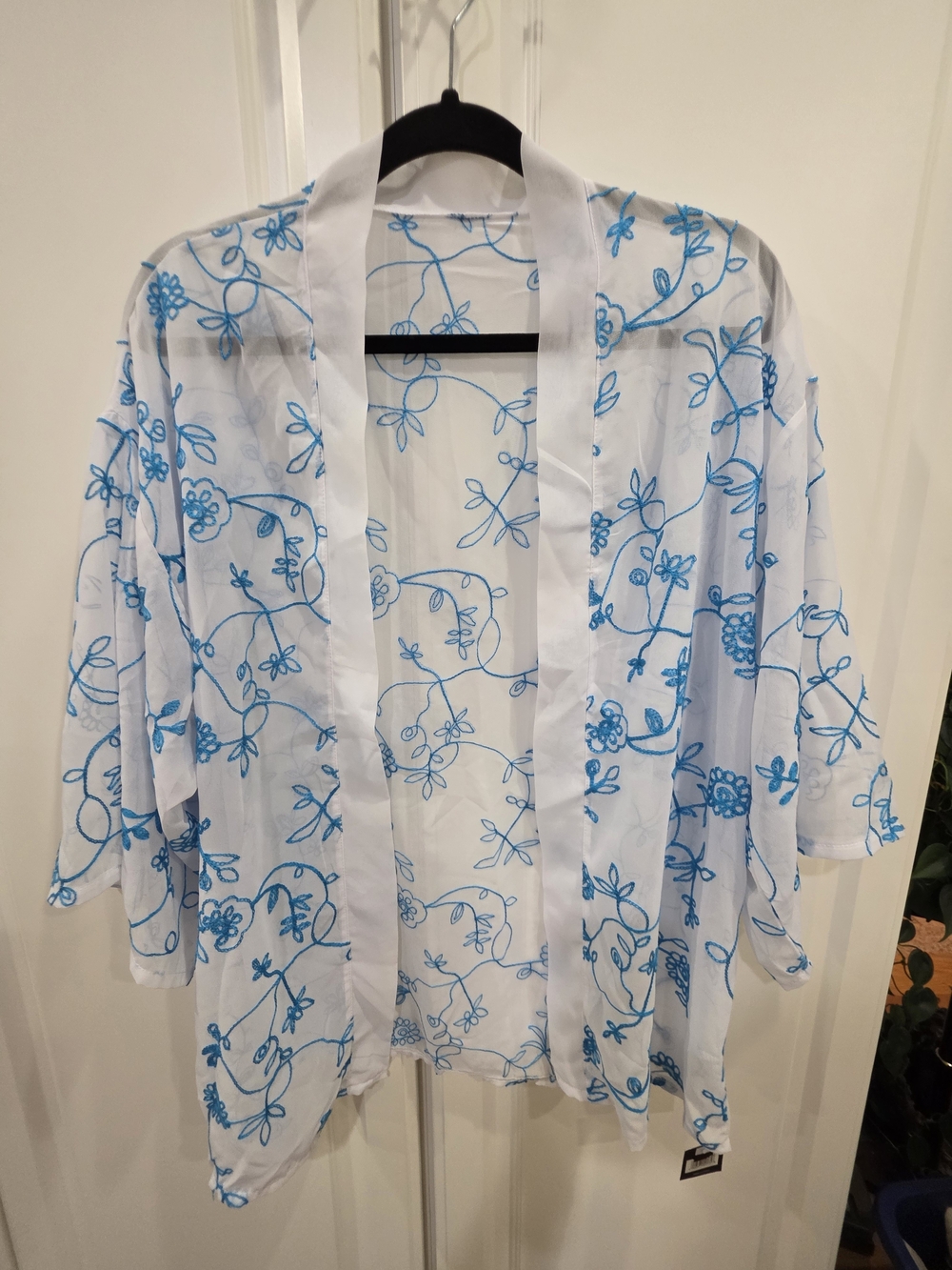 White Kimono Cardigan with Blue Floral Stitching